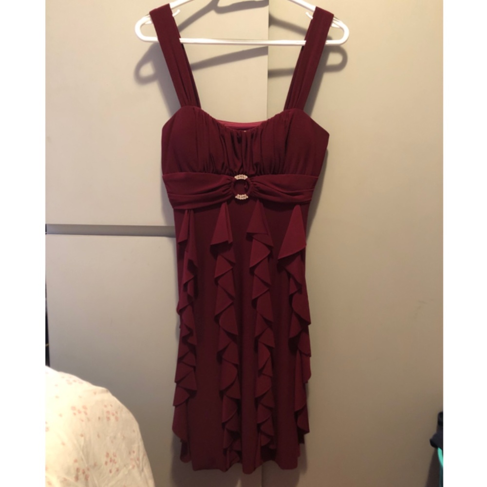 Maroon Women's Cocktail Dress - Empire, Ruffles, 8